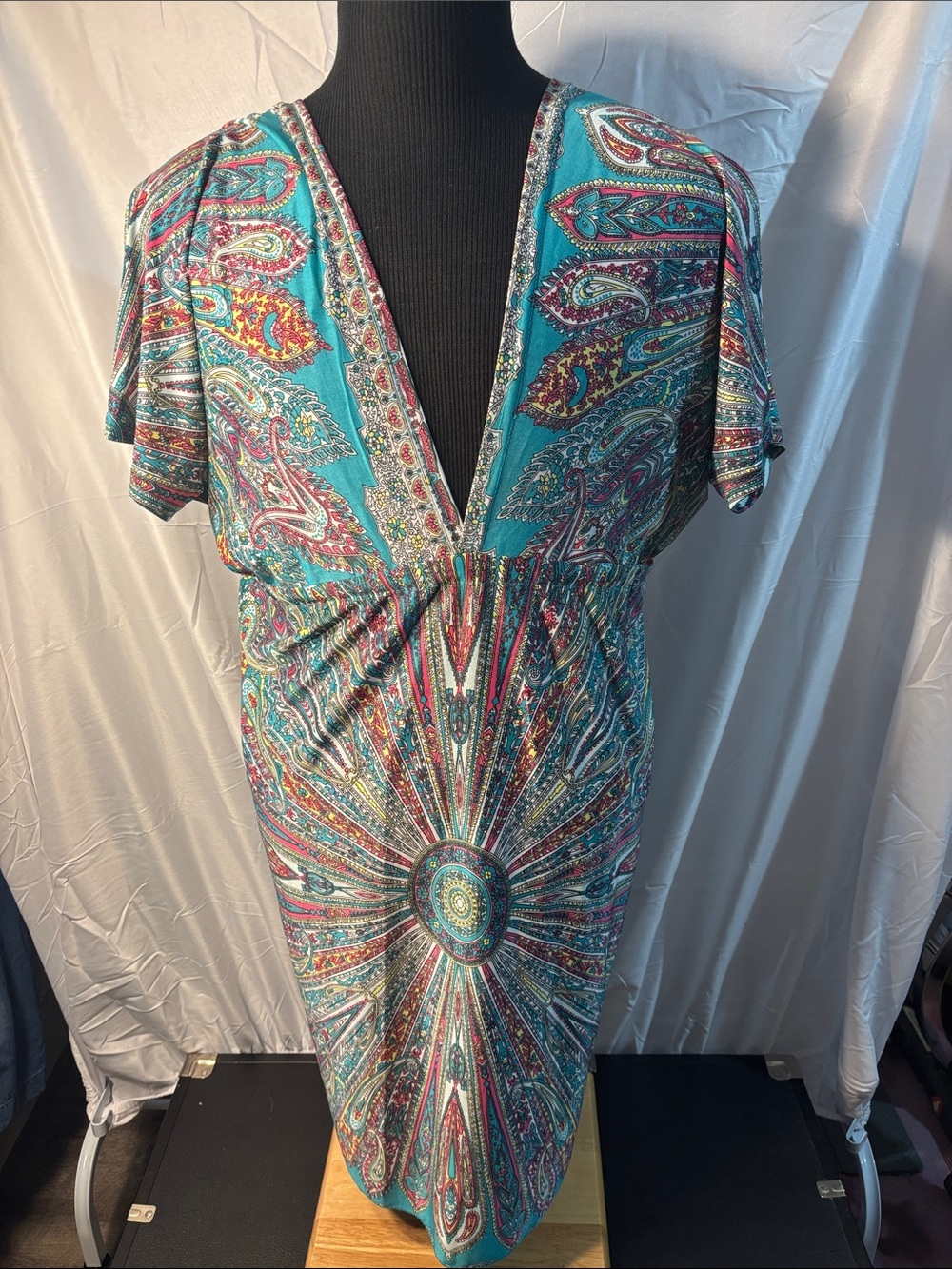 Turquoise Paisley Medallion V-Neck Dress